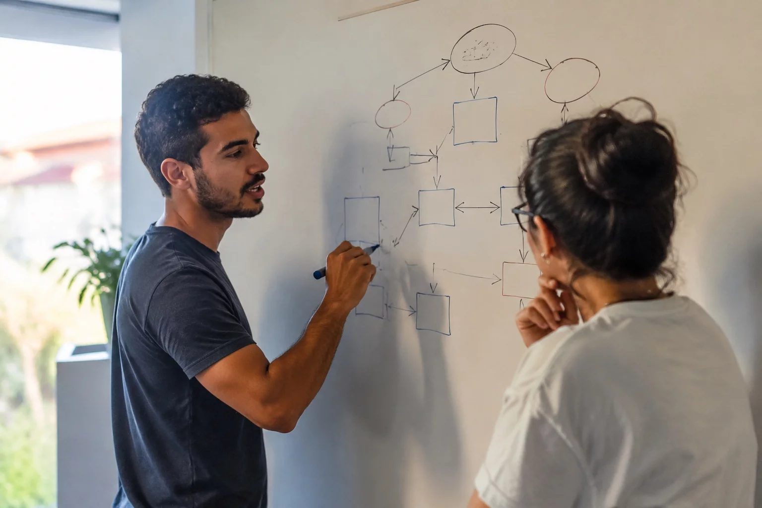 Duas pessoas diante de um quadro branco com um mapa de argumento desenhado à mão
