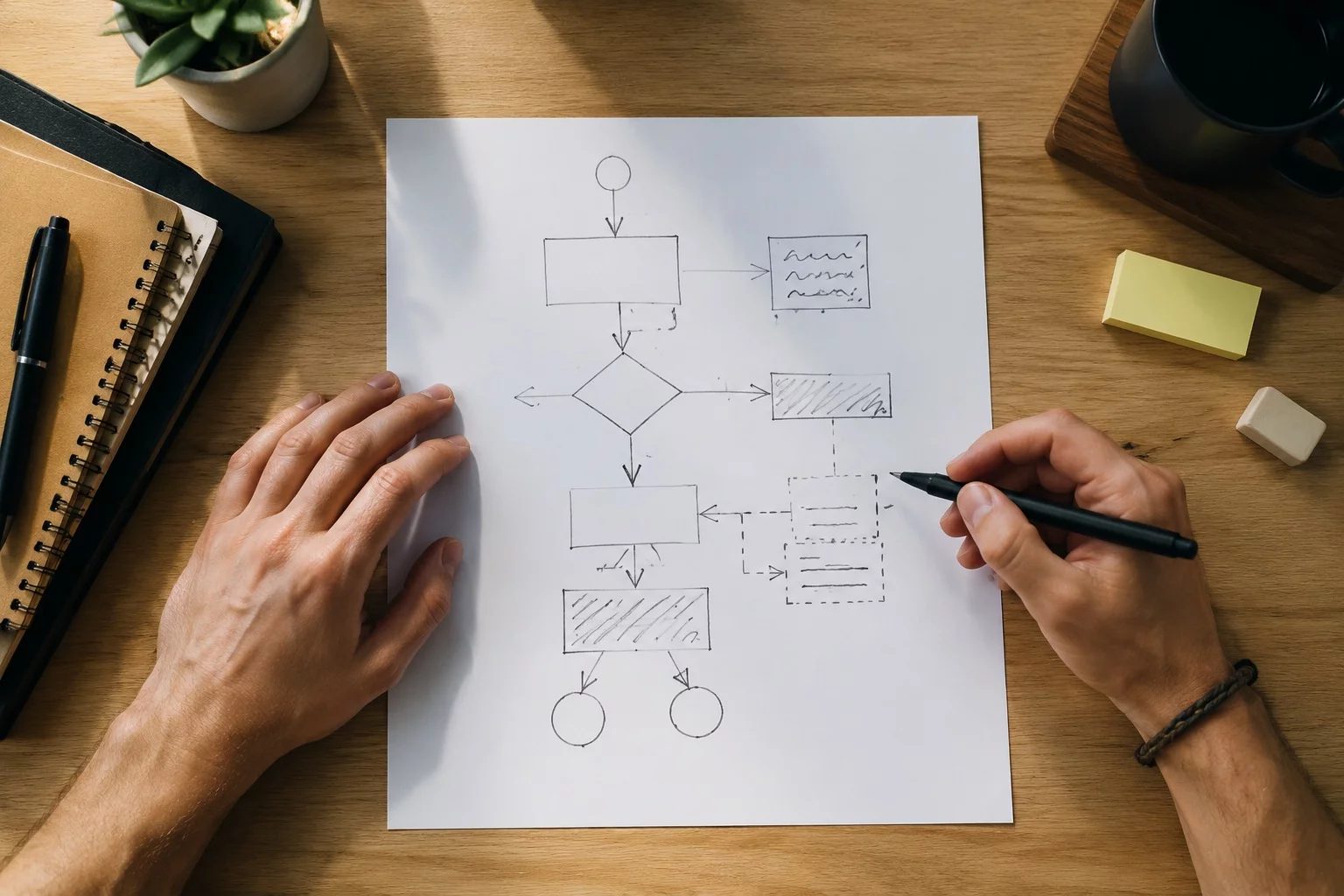 Vista de cima de uma mesa com um diagrama de lógica desenhado à mão