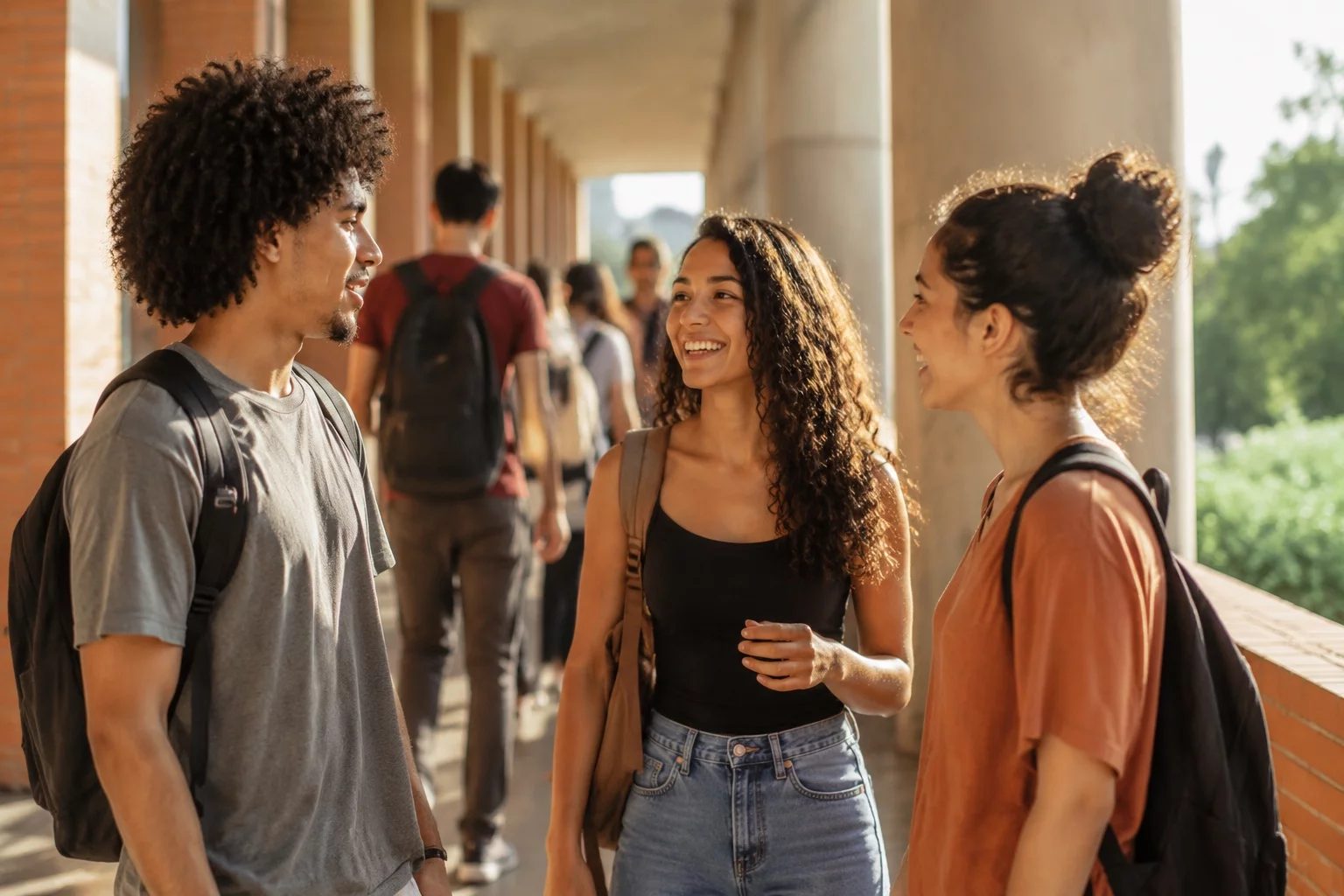 Estudantes com mochilas conversando no corredor de uma universidade
