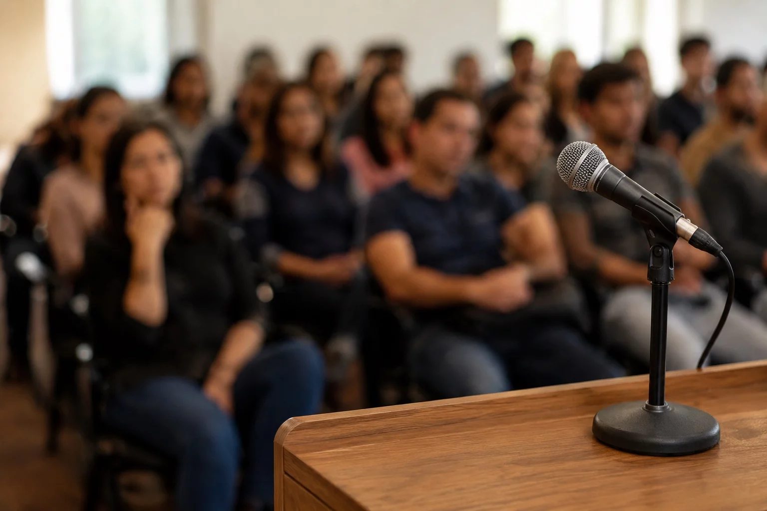 Microfone sobre uma tribuna, com a plateia sentada desfocada ao fundo