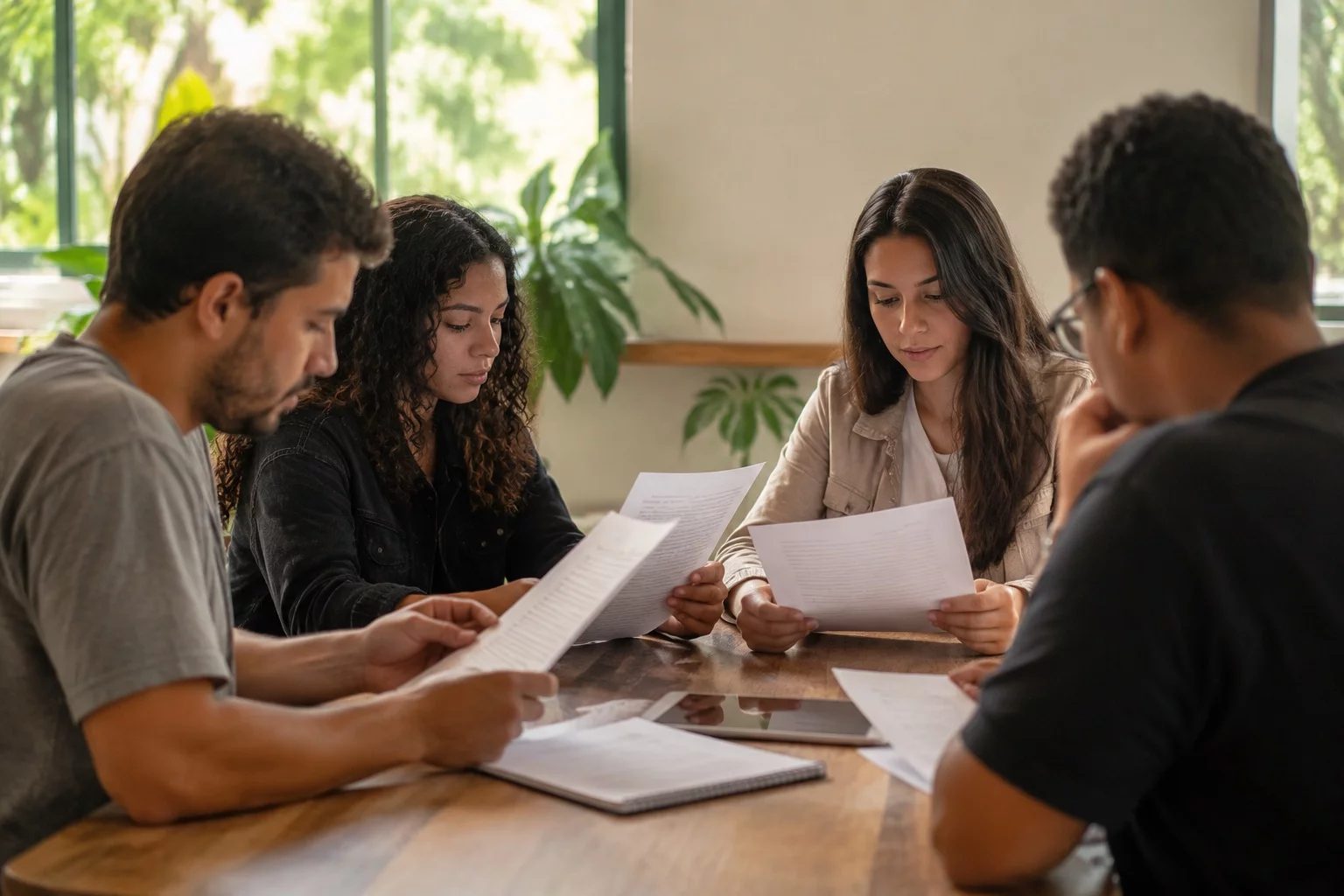 Grupo pequeno lendo páginas impressas de argumentos ao redor de uma mesa