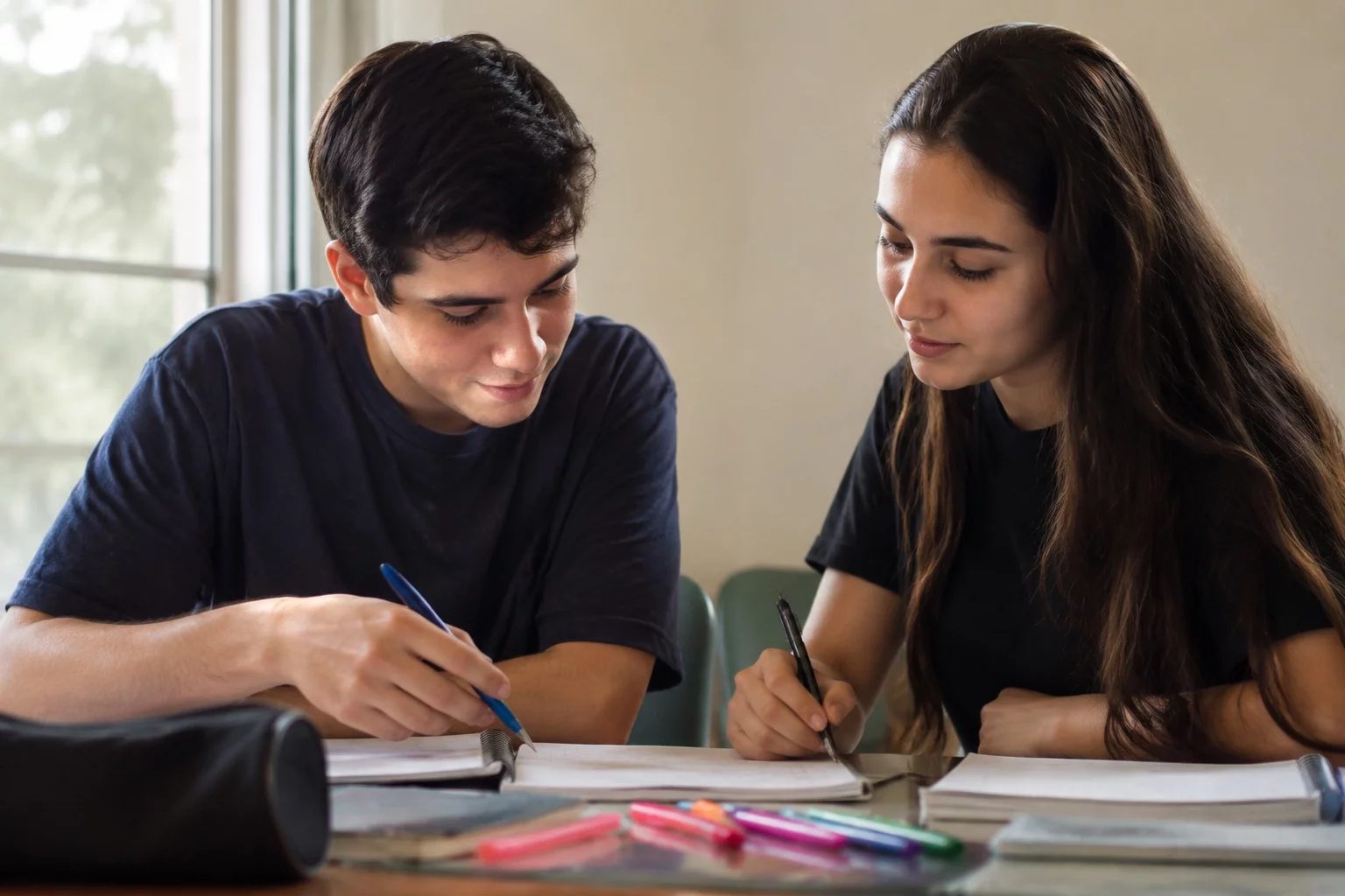 Dois estudantes preparando um debate com cadernos e marcadores