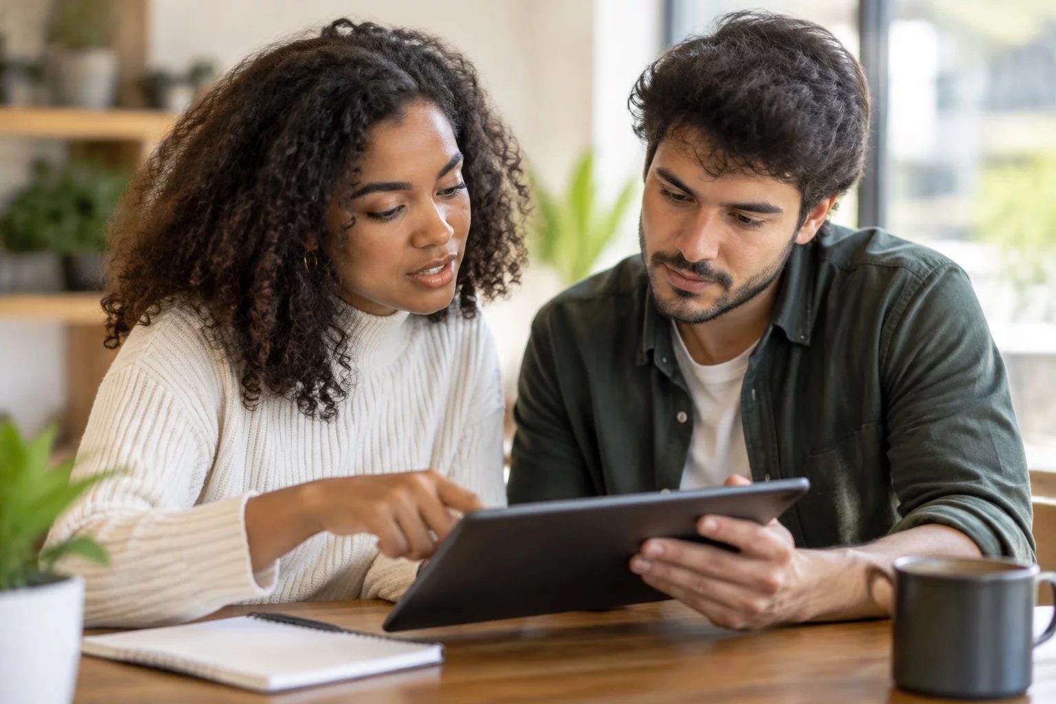 Duas pessoas revisando anotações em um tablet sobre uma mesa de madeira