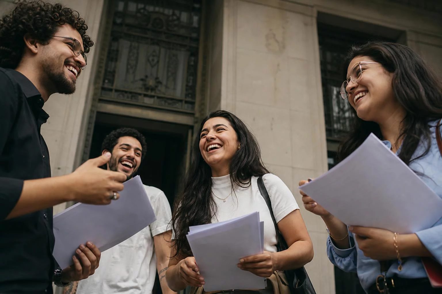 Grupo sorrindo após uma rodada de debate, com papéis nas mãos
